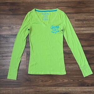 Aeropostale Lime Green Long Sleeve Graphic Tee Womens M Y2K 2000s Retro Logo Top